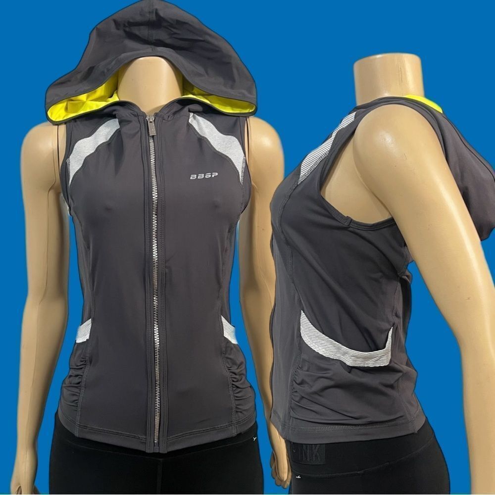 Bebe Sport BBSP Ruched Stripe Vest Full Zipper closure side pockets gray Medium